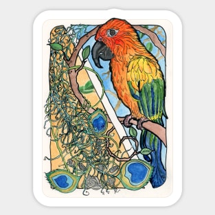 Sun Conure with Feathers and Sunflower Seeds Watercolor Print Sticker